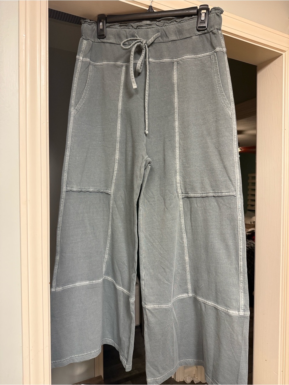 Zenana French Terry Washed Exposed Seam Wide Leg Pants in Light Olive
